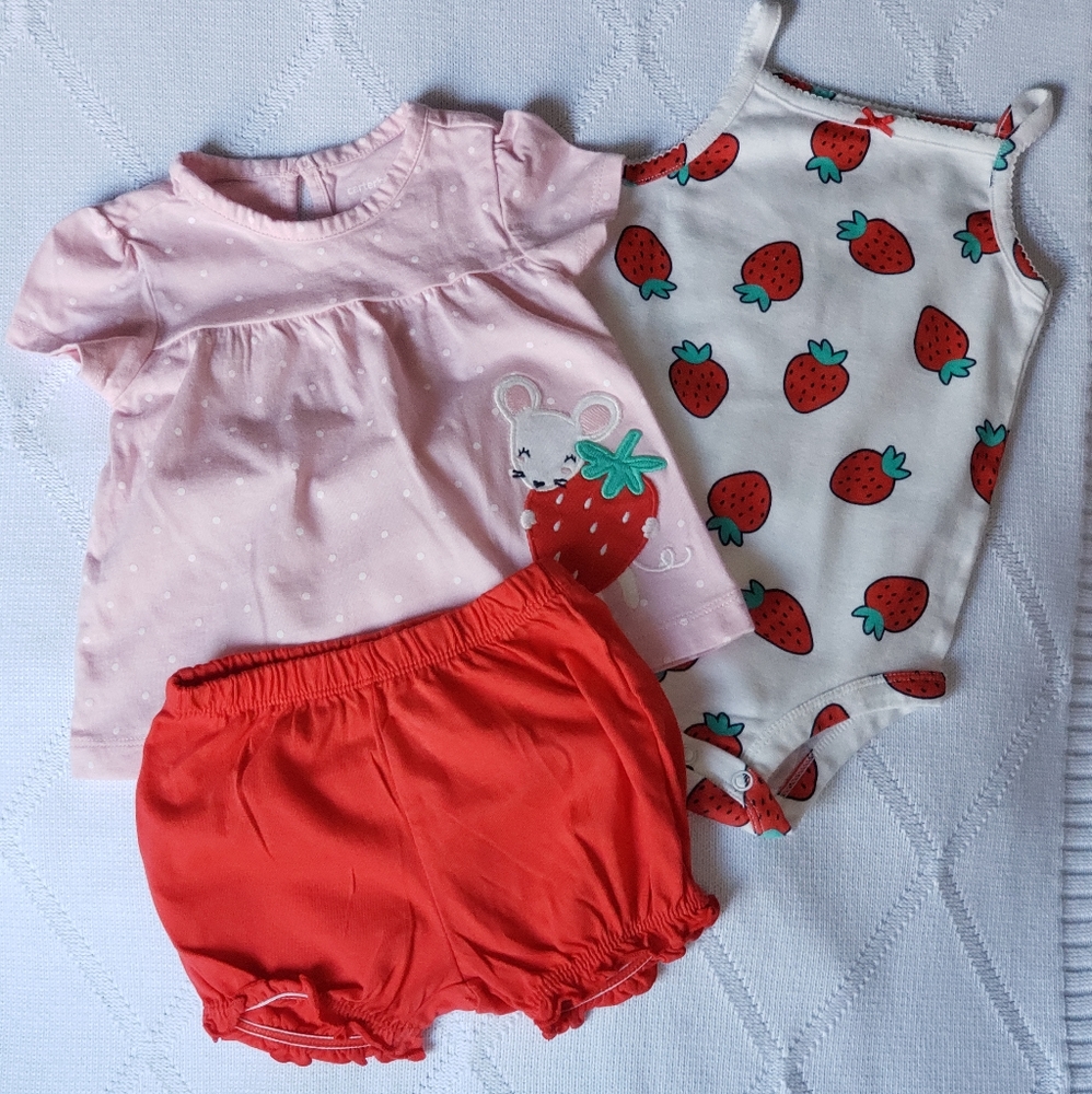 Carter's 3 piece Strawberry and mouse baby girl outfit size 9 months